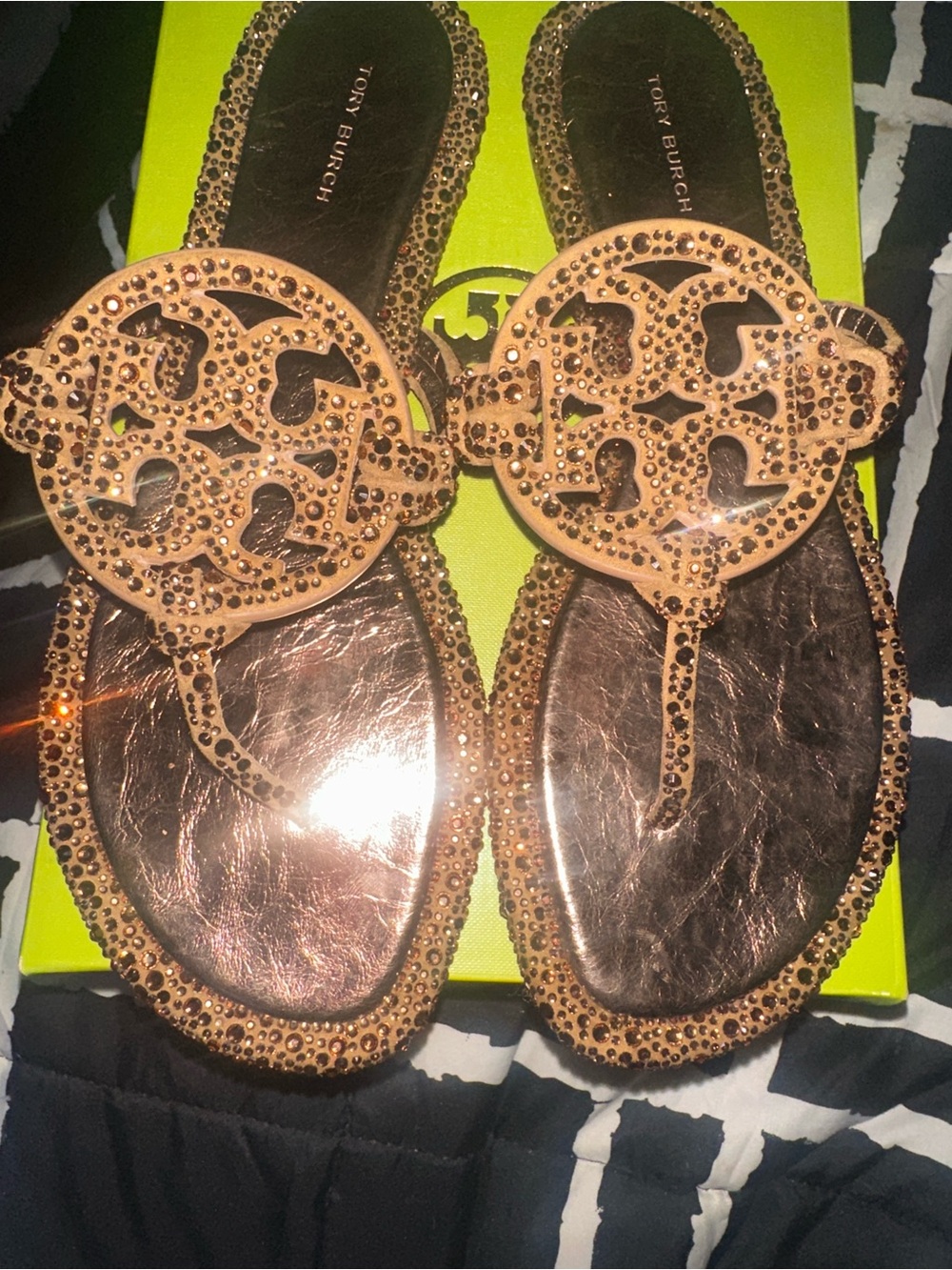 Tory Burch Tan Jeweled Miller Logo Thong Sandals